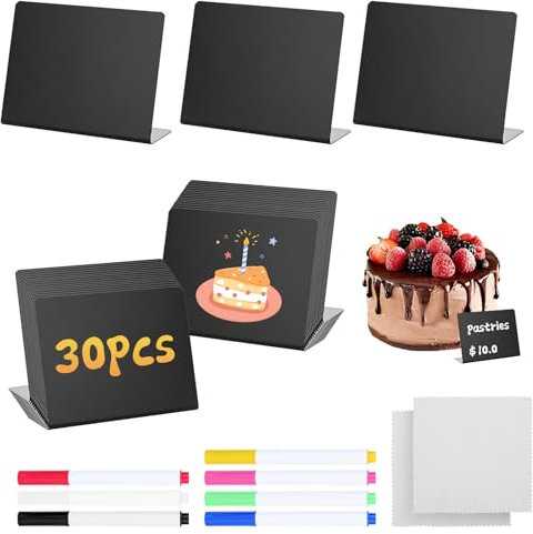 30 Stück Kreidetafel Klein, L-Form Preisschilder Aufsteller, 100x75mm Kleine Tafeln zum Beschriften mit 7 Stifte, Praktisches Zubehör für Bäckerei, Café, Hochzeit, Tischkarten, Buffet (Schwarz)