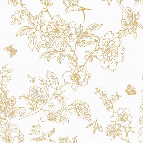 LZH-LP Selbstklebende Tapete in Goldweiß mit Blumen und Vögeln, Waldtapete, goldene Blatttapete, 44x600CM selbstklebende Möbelfolie für Wandtattoos
