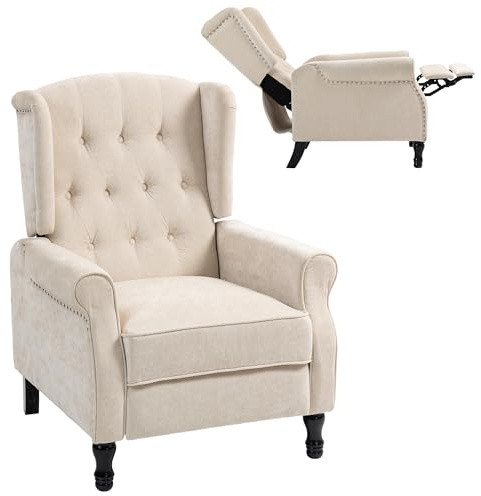 HOMCOM Recliner Armchair, Vintage Reclining Chair with Nail Head Trim, Wingback Chair with Button Tufted Back and Footrest, for Living Room, Beige
