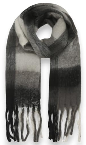 Ziona XXL Winter Schal Damen Karo – flauschig, kuschelig & weich – warmes Halstuch mit Fransen aus 100% Viskose, 210 x 40 cm, Herbst & Winter Accessoire