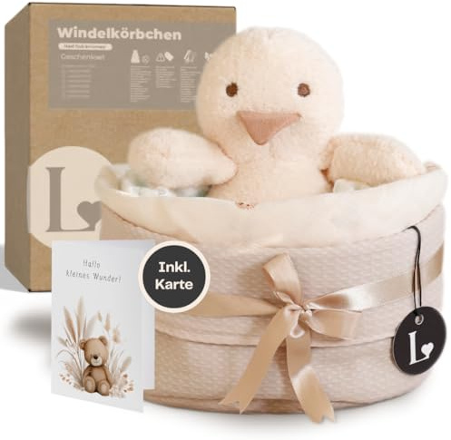 LINDFALL® Baby Geschenkkorb zur Geburt – Windeltorte neutral mit Kuscheltier Ente, Spucktuch & Karte, Baby Willkommensgeschenk Junge & Mädchen, Handmade Erstausstattung Set & Wickeltisch Organizer