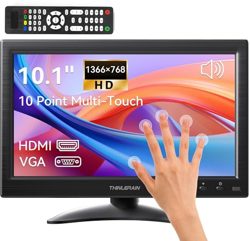 Thinlerain 10,1 Zoll Touchscreen Monitor – 1366x768 HD IPS 16:9, HDMI/VGA/BNC/AV, eingebaute Lautsprecher, VESA 75x75 –Kleiner Monitor für PC, Raspberry Pi, Fire TV Stick, Küche, Auto, Überwachung