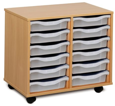 Monarch Mobile School Shallow Tray Storage Unit 12 Clear Trays Beech | MEQ2W-CLEAR
