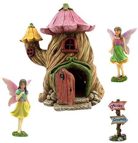PRETMANNS Feegartenhaus – Zubehörset und Miniatur-Feen – Haus ist 18 cm (7 Zoll) hoch – Tür kann breit geöffnet