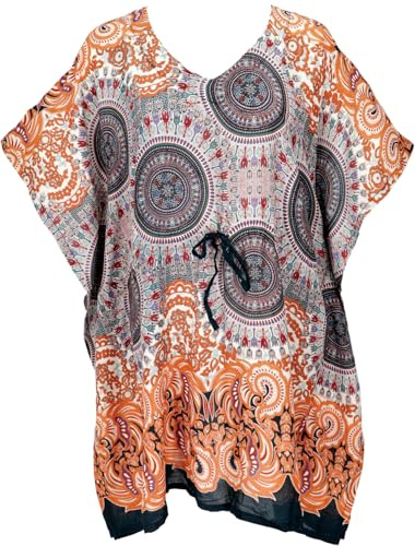 GURU SHOP Poncho, Mandala Tunika, Boho Kaftan, Kurzarm Strandtunika Für Starke Frauen - Orange, Damen