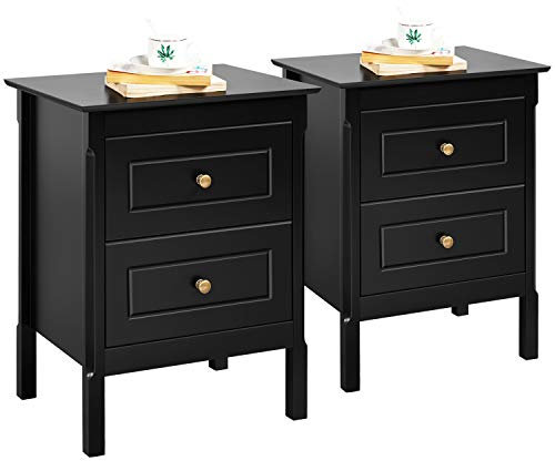 Yaheetech Table de Chevet Lot de 2 Tables de Nuit en Bois avec 2 Tiroirs Pieds en Bois Massif 48 x 40 x 61 cm Noir