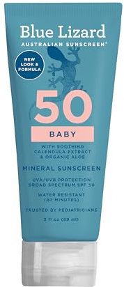 BLUE LIZARD Baby Mineral Sonnenschutz mit Zinkoxid, LSF 50+, wasserabweisend, UVA/UVB-Schutz mit Smart Cap Technologie, parfümfrei, 85 g Tube