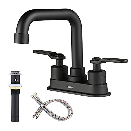 NEWATER Zweigriff-Armatur, 10.2 cm, zentrales Design, moderne Badezimmer-Waschtisch-Armaturen, drei Löcher, Wasserhahn mit Metall-Pop-Up-Spülbecken-Ablauf und Wasserhahn-Zuleitungen, Mattschwarz