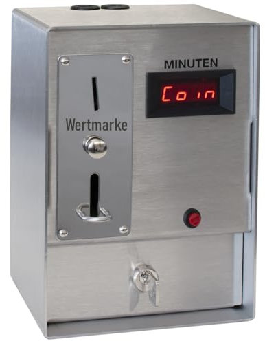 WITTKOWARE 5000E Münzzeitschalter mit V2A-Edelstahlgehäuse und Minutenanzeige, mit Türentriegelungstaste, geeignet für Standard-Wertmarken mit Loch