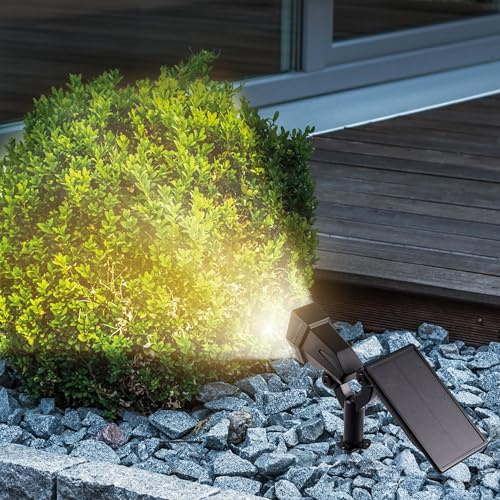 Esotec Solarstrahler warmweiß für Garten, Solar Spot außen Alu 102047 | Solarstrahler warmweiß, Alugehäuse, Wand- & Bodenmontage, Erdspieß, wechselbarer Akku, 8h Leuchtdauer, Ø12cm Solarmodul