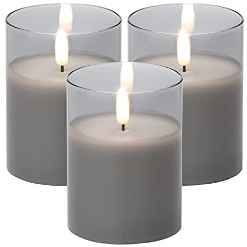 Brandsseller LED Kerze 7,5x10 cm 3er Set Echtwachs im Glas Warmweiß Flackerfunktion Timerfunktion - Grau