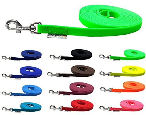 Schleppleine für Hunde Biothane Hundeleine mittlere/große Hunde Breite 16mm 1m / 3m / 5m / 10m / 15m (7m MIT Handschlaufe, Neongrün)