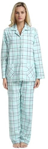 GLOBAL Femme Pyjama Flanelle Manches Long |Ensembles de Pyjama Coton |Chemises de Nuit Bouton | Chaleureux Vêtements de Nuit Confortable |Carreaux Verts XXL