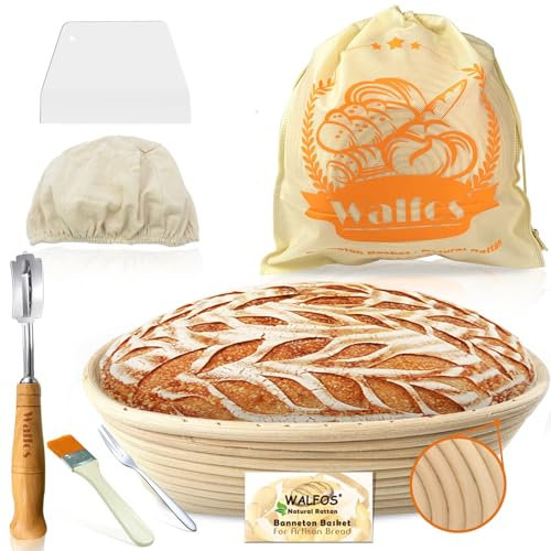 Sourdough Proving basket Set - Walfos Oval Banneton Proofing basket, 100% Natural Rattan - 25cm Bread Baskets, Bread Lame, Dough Scraper, Cloth Liner, Storage Bag, Cleaning Brush & Bread Fork