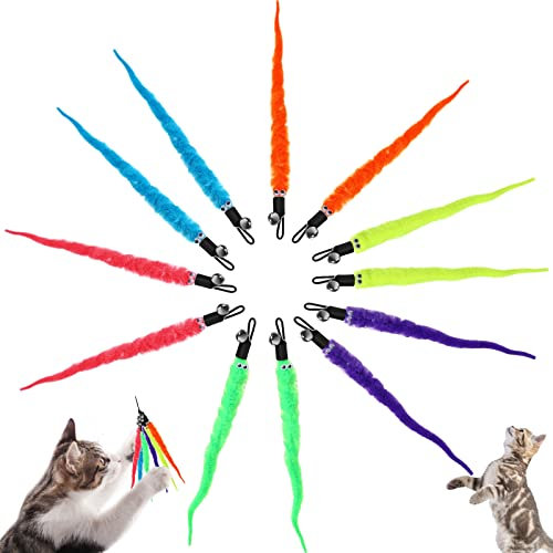 12 Stück Katze Wand Spielzeug Ersatz Nachfüllung Katzenwurmspielzeug Nachfüllungen Katzenstab Spielzeug Ersatzminen pelziger Schwanz Wurm mit Glocken Teaser-Nachfüllungen für Katzen, Kätzchen, Wurm
