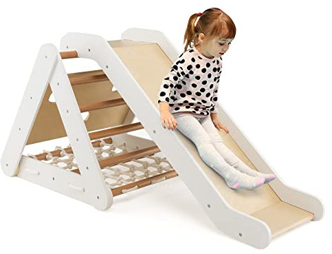 RELAX4LIFE 4 in 1 Triangolo da Arrampicata con Scivolo per Bambini, Scala per Arrampicarsi in Legno, Triangolo Stabile, Parco Divertimenti per Bimbi 1+ Anni (Modello 3 Beige)