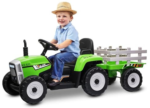 BABYCAR Trattore elettrico per bambini con rimorchio NEW HOLLAND (Verde) - Trattore per Bambini 12V con telecomando MP3 e licenza ufficiale