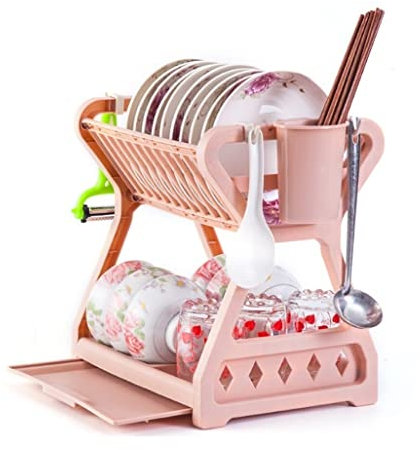 Drainer Rack Dish Drying Rack 2 Tier Dish Rack Plastic Dish Drainer Dish Drying Rack With Cutlery Holder, Dish Rack For Kitchen Countertop Dish Rack for Kitchen (Blue : Pink-2)