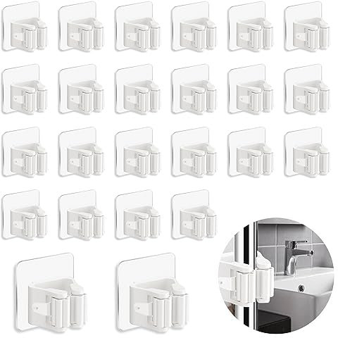 3-H Porta Scope Parete 24 Pezzi, Portascope da Muro Appendibile Adesivo Appendi Scope a Muro Ganci Senza Perforazione Impermeabile e Antiscivolo Supporta 5KG per Cucina,Bagno,Garage,Giardino(Bianco)