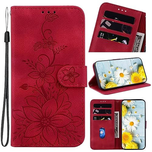 Handyhülle für Xiaomi Redmi 6A Hülle Leder, Handy Xiaomi Redmi 6A Blumen Hüllen, Leder Flip Etui Handytasche Schutzhülle für Xiaomi Redmi 6A with Klapphülle Standfunktion Case Rosenrot