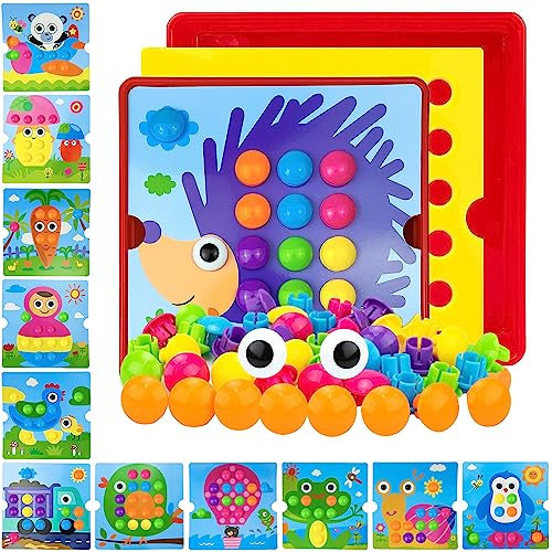 EagoolPeg Boards Game for Kids Age 2+, Buttons Art Montessori Toys, Educational Jigsaw Puzzle, Toddler Board Arts and Crafts with Mushroom Nails for Children 2 3 4 Years Old