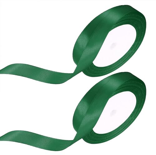 Dunkelgrün Satinband, 2 Rollen 15mm x 22m Geschenkband Dunkelgrün Schleifenband, Dekoband Stoffband für Geschenk, Haarschleifen, Auto, Brautstrauß, Basteln, Hochzeits Dekoration Geschenkverpackungen