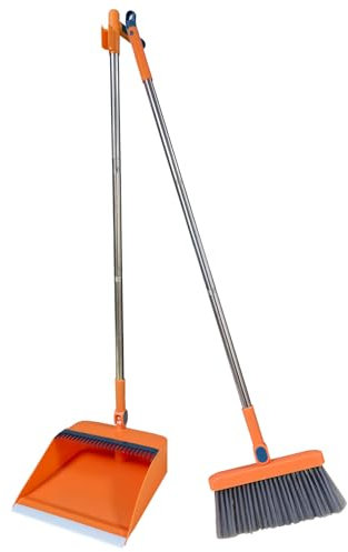 YGNNBC Este juego de recogedor y escoba de mango largo es una herramienta versátil con una escoba giratoria resistente al viento y un mango largo para soluciones de limpieza eficaces (naranja)