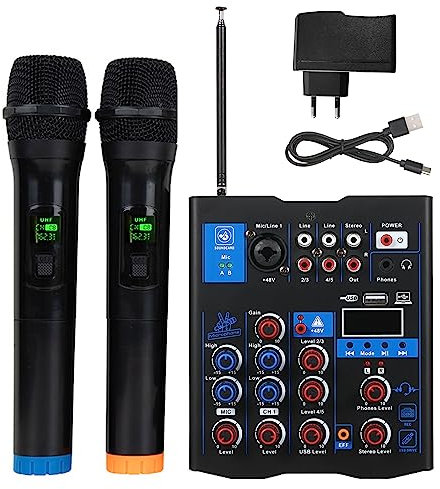 HUIOP Mixer audio professionale con doppio microfono wireless,interfaccia del sistema console della scheda audio Mixer DJ a 4 canali,adatto per altoparlante per chitarra PC DJ Karaoke,Mixer Audio Per