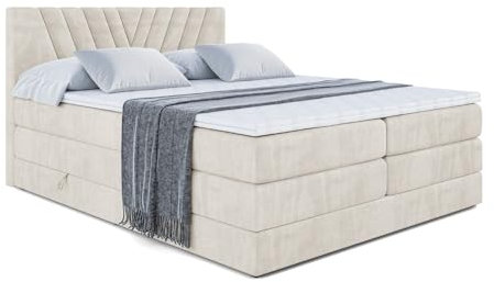 ALTDECOR Boxspringbett mit Matratze und Lattenrost, Topper, Polsterbett mit Bettkasten, Bett mit Stauraum H3- und H4- Matratze, Doppelbett, Springboxbett - ERNINA King - 180x200 - Beige Samt