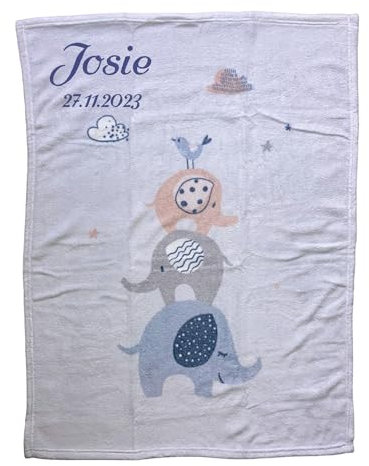 Wolimbo Babydecke - 75x100cm - Motiv Blaue Elefanten - personalisierbar - Krabbeldecke mit Wunsch Name/Motiv - Kinderdecke - Geschenk zur Taufe, Geburt, Geburtstag