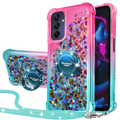 Silverback für Samsung Galaxy A15 5G Hülle mit Band, Mädchen Frauen Glitzer Handyhülle mit Ring Halter Ständer Schutzhülle für Samsung Galaxy A15 5G Case - Grün