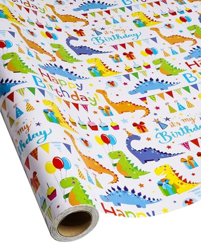 RayofSun Dinosaurier-Geschenkpapierrollen – Happy Birthday Geschenkpapierrollen für Jungen – niedliches Dino-Geschenkpapier für Geburtstag, Urlaub, Babyparty, Weihnachten, 43,2 x 304,8 cm pro Rolle