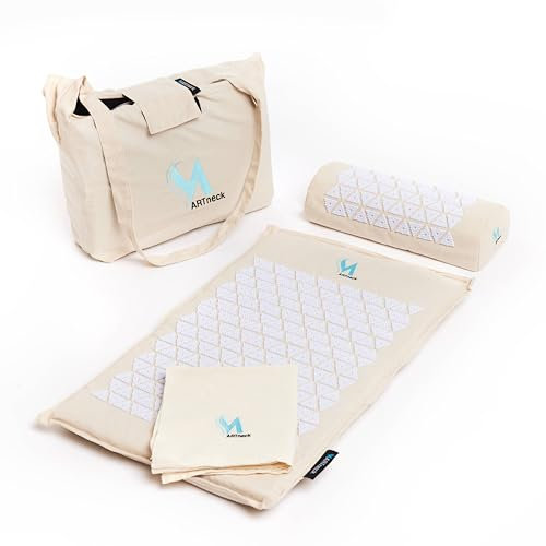 MARTneck® Akupressurmatte (Farbe Beige) - Das ORIGINAL von MARTneck - Natur Set Kokosfaser mit Kissen, Tuch und Tasche - Akupressurmatte zur Massage und Entspannung von Rücken und HWS