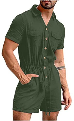 Generisch Pigiama intero da uomo, corto, tuta da uomo, estivo, tuta estiva e traspirante, vestibilità regolare, con tasche, asciugatura rapida, verde, M