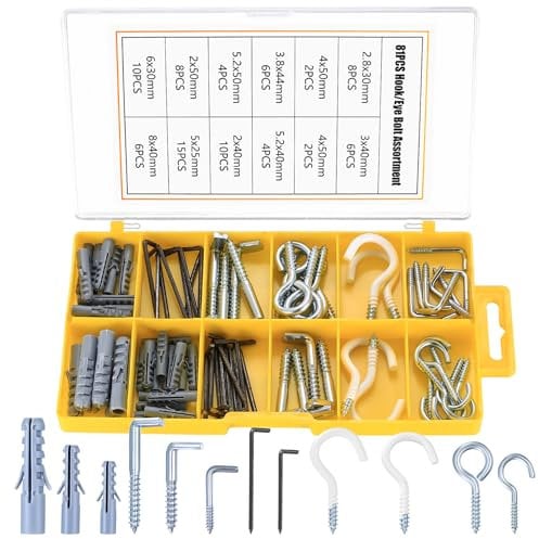 81 STK Schraubhaken Set, Deckenhaken, inkl Ösenschrauben, L-Haken Hakenschrauben mit Gewinde, Einschraubhaken, Wandhaken zum Aufhängen, Dübel Set, für Garten, Holz, Büro, Hause