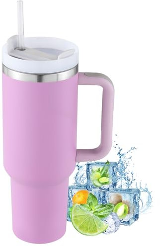 PRAOAHEI 40oz Thermobecher mit Strohhalm und Henkel,1180 ML Doppelwandiger Edelstahl Heiße Kalte Getränke Vakuum Trinkbecher, Kaffeebecher für Zuhause Reisen Lila