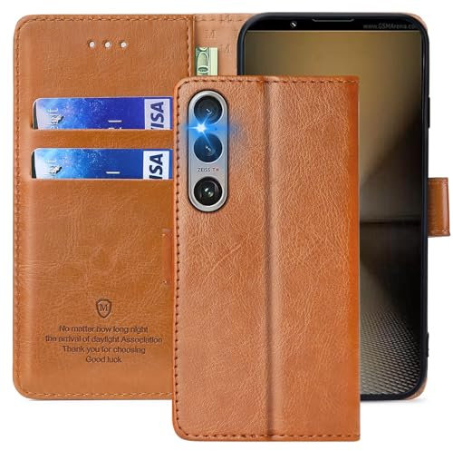 FMPCUON Coque pour Sony Xperia 1 V - Étui à Rabat en Cuir PU Premium, Portefeuille de Protection Magnétique, Brun