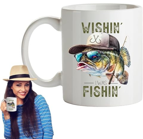 Fishing Coffee Mug - Large Ceramic Fishing Tea Mug | Funny Fishing Design Coffee Cup | Coffee Mug | Father's Day Fishing Mug | Fishing Tea Cup Coffee Cup for Whiskey, Soup, Beer, Water, Wine