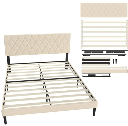 UISEBRT Polsterbett 160 x 200 cm – Bettrahmen mit Knöpfen, Plattformbettgestell mit gepolstertem Kopfteil aus Kunstleder, Holzlattenstütze, Doppelbett für Erwachsene, Modernes Design (Beige)