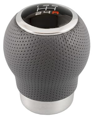 +PWR Car Parts Pomo de Cambio de Marchas Universal Modelo OEM Corto Simil Piel Microperforada Gris. Gatillo de 27 mm. Con Esquemas de Cambio de Marcha Intercambiables.