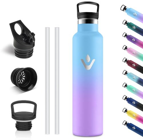 Vikastar Borraccia Termica, 1L Senza BPA, Borraccia Termica 1 Litro, a Prova di Perdite, Thermos per Bevande Calde, Acciaio Inox, Bottiglia Termica per Adulto, Palestra, Ciclismo, Blu Cielo & Viola