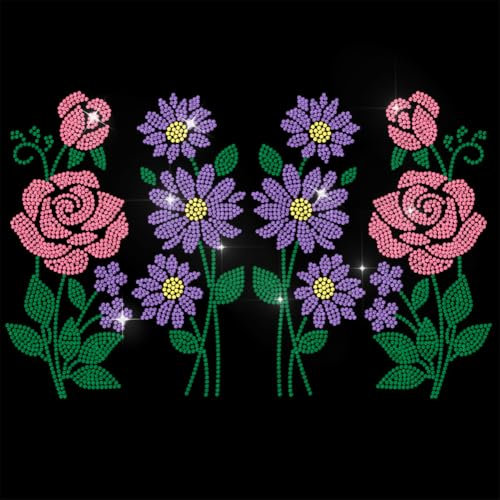 ANATTASOUL Purple Iron on Rhinestone Transfers Flowers Rose Daisy Glitter Diamante Patch Sequin for Clothes, Large Bling Hotfix Iron On Applique for Clothing Hoodies Dress Shirt DIY Decor Gifts