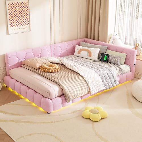 MQGPM Polsterbett 140x200 cm mit LED und USB-Anschluss, Tagesbett Sofabett mit Lattenrost und Rückenlehne, Jugendbett Gästebett mit 16 Farben Umgebungslicht, ohne Matratze, Rosa