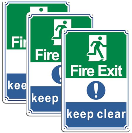 Yuzkouge Fire Exit Keep Clear Sign 3 Pack, Rust Free Aluminum | 20x30cm Fire Safety Sign, Weatherproof, Fade Resistant,Pre-drilled Mounting Holes Sharp Legible Printing