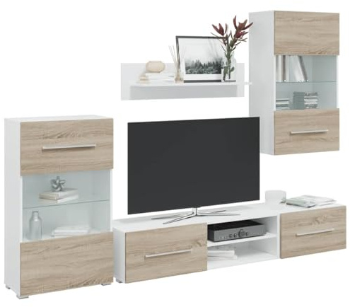 Hommdiy 5-TLG. Wohnwand mit LED-Beleuchtung Mattweiß Holzwerkstoff, TV-Möbel, Medienwand, Medienschrank, Schrankwand, Anbauwand, Entertainment-Möbel Sonoma Eiche