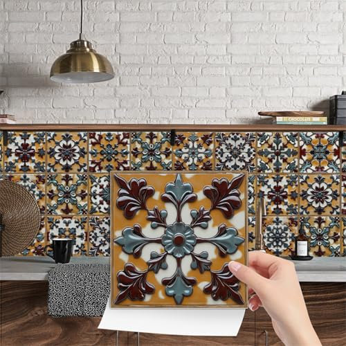 Piastrelle Adesive Bagno Giallo Retro Mattonelle Adesive Cucina,Decorazione Murale in Pvc Impermeabile,Per Armadietto, Mobili,Può Essere Riutilizzato