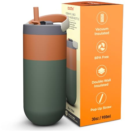 asobu Orbit Wasserflasche, 900 ml, schlanke isolierte Flasche mit Pop-Up-Deckel und Tragegriff, perfekt für Eiskaffee, Reisen und stilvolle Hydratation