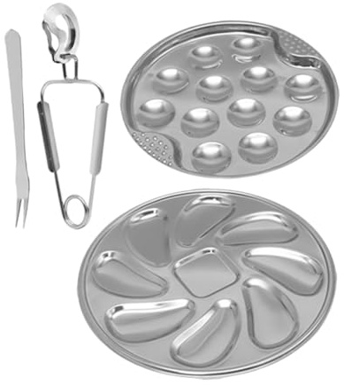 ROMISBABA Assiette à Escargots et Huîtres en Acier Inoxydable 4 Pièces, Plateau Rond, Compatible Four et Lave-vaisselle, pour Service Fruits de Mer en Restauration et Buffet