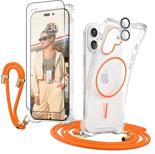 Orange Handykette für iPhone 16 Hülle mit Band Panzerglas Kameraschutz | Handyhülle Kompatibel mit Magsafe, Handyband mit 2 Displaychutzfolie 2 Kamera Schutzfolie, Schutzhülle für iPhone 16