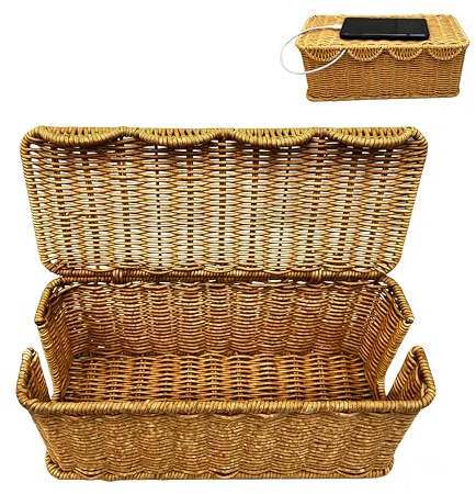 EcoGleam Handmade Cable Management Box Imitation Rattan Cable Tidy Organizer Box With Lid Open Slots Under Desk Cord Organizer to Hide Power Strips & Cords and Cover Floor TV Wires Computer Usb Hub